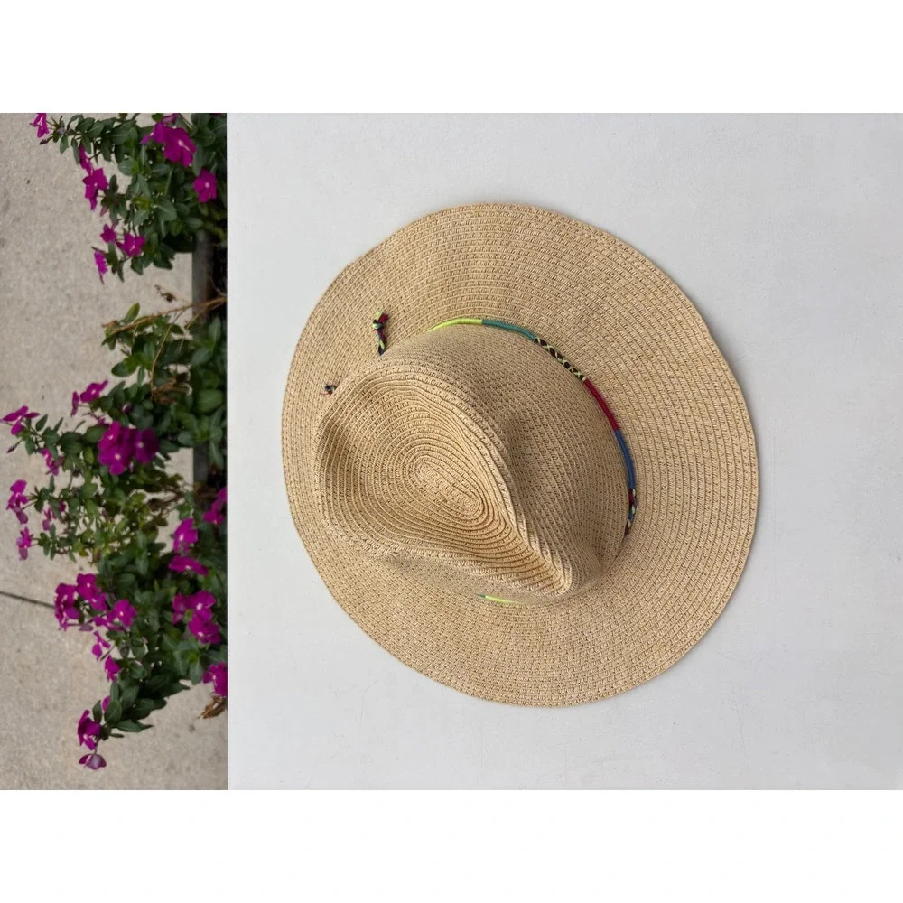 American Eagle Outfitters Tan Straw Sun Hat Multi Color Woven Band One Size